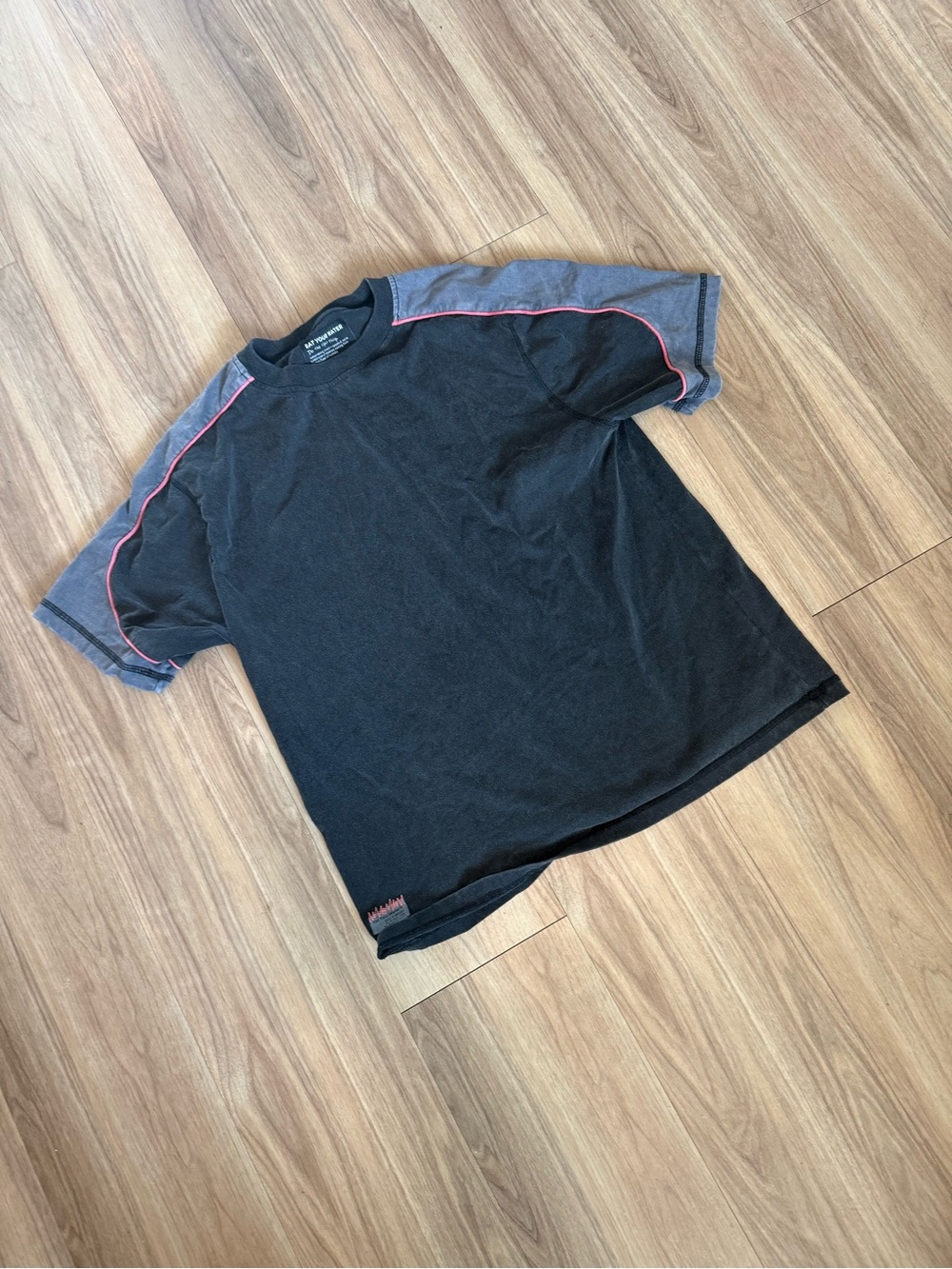 Black Short-Sleeve Crew Tee with Gray Contrast Shoulders and Pink Piping